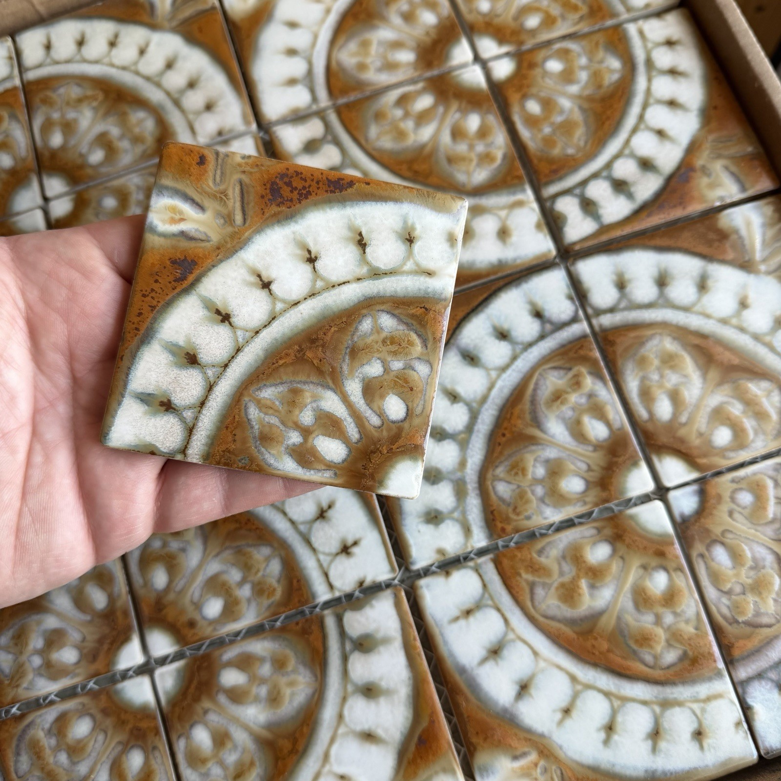 VTG 70's Replacement Tiles Set Of 8 Raised Glazed Medallion Brown Japan 3.25 VTG 70's Replacement Tiles Set Of 8 Raised Glazed Medallion Brown Japan 3.25