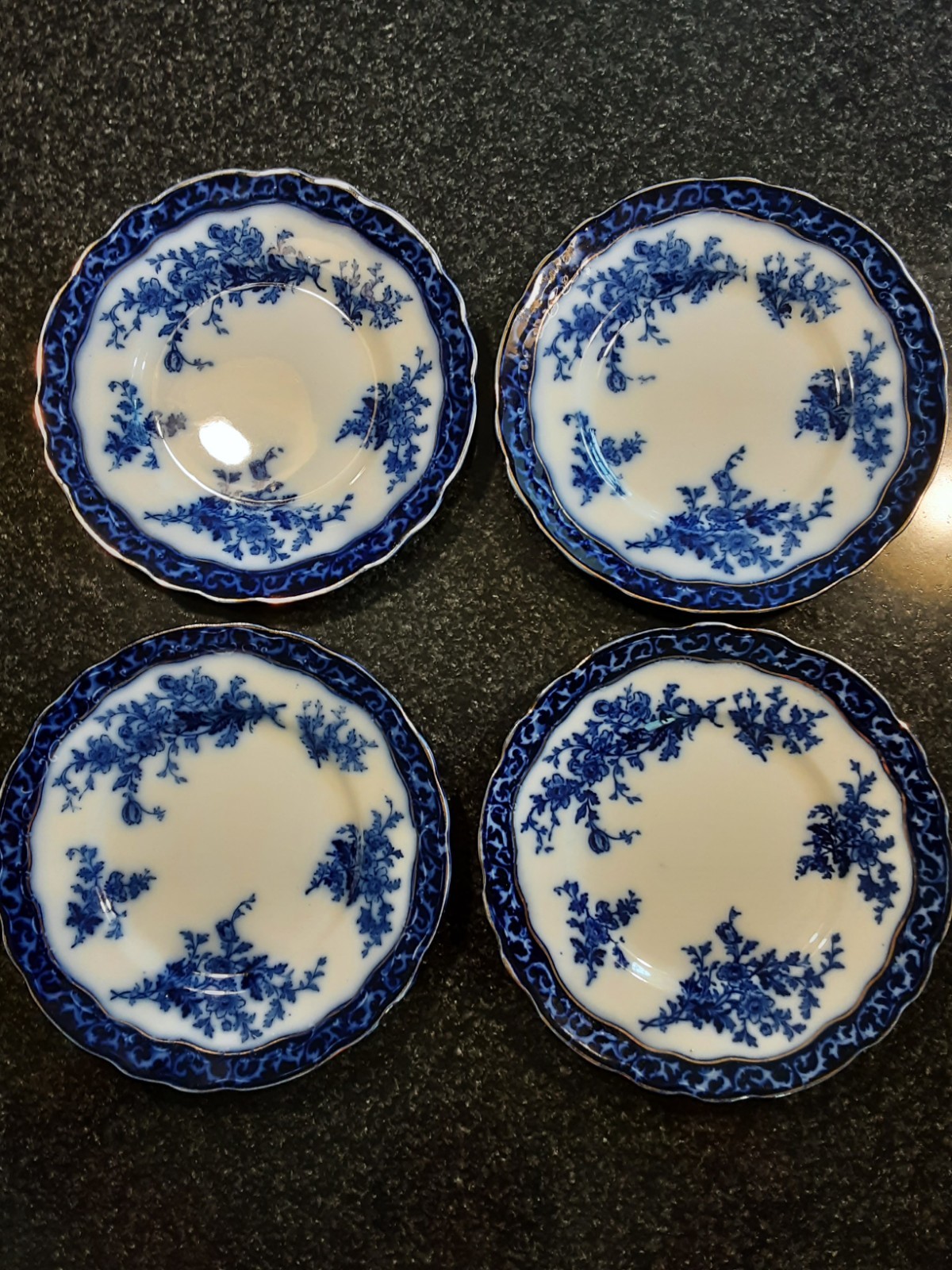 Set of 4 Antique Flow Blue 8¾” TOURAINE Plates Made by Stanley Pottery England 