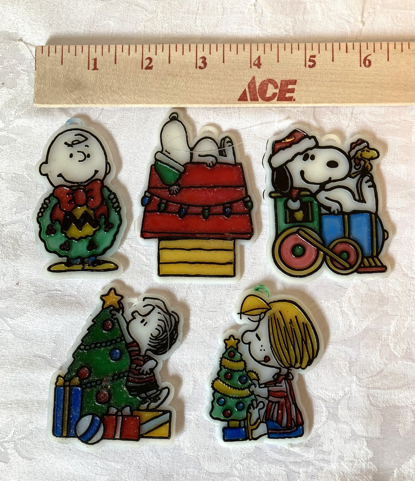 5 Vintage PEANUTS Christmas Double-Sided Plastic Window Sun Catcher Ornaments 5 Vintage PEANUTS Christmas Double-Sided Plastic Window Sun Catcher Ornaments