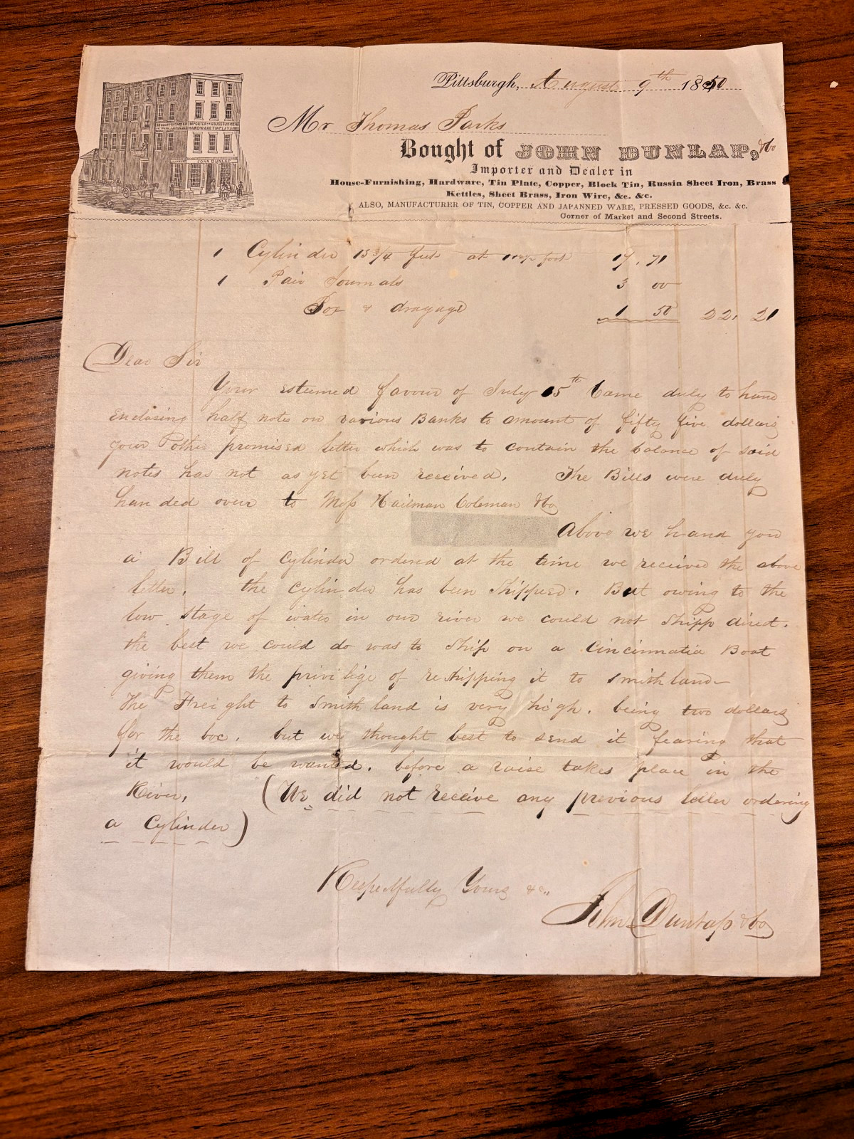 1847 Pittsburgh Illustrated Billhead & Letter – Bought of John Dunlap, Hardware