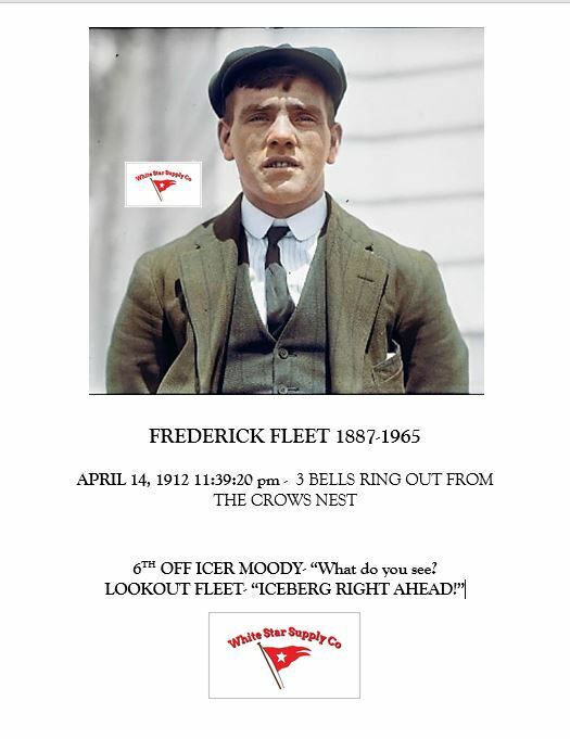 NEW RMS TITANIC FREDERICK FLEET TRIBUTE PIECE, 8.5 X 11 INCHES 1912 COLORIZED RP