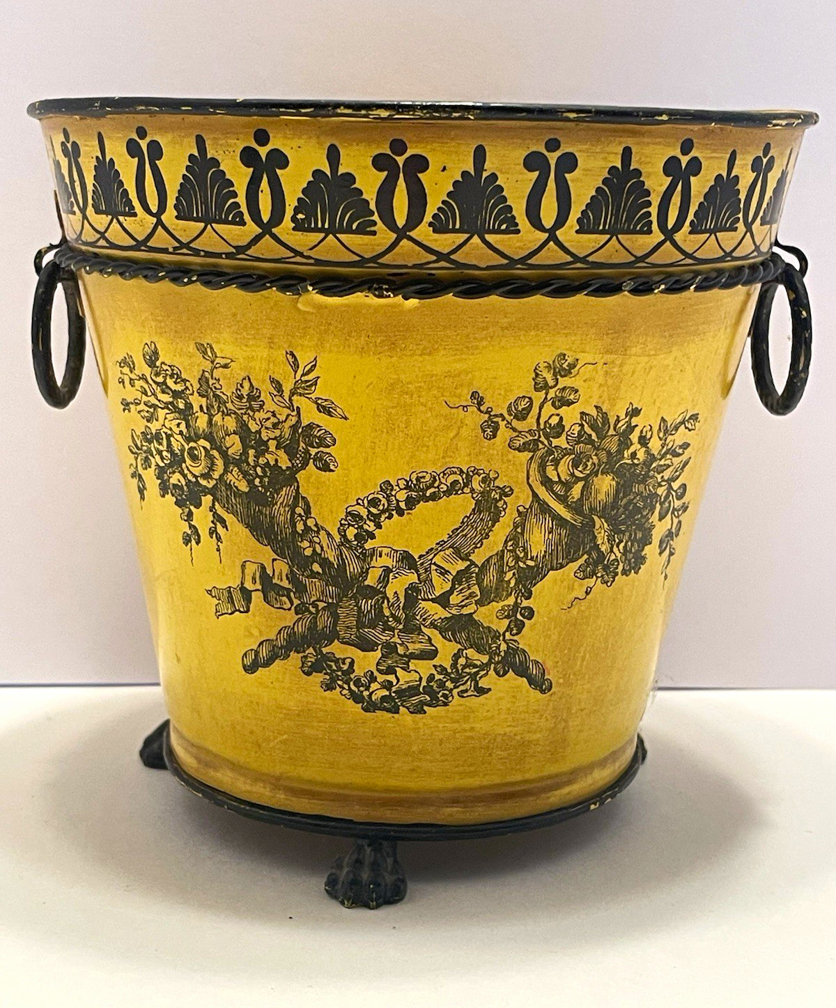 Vintage Italian Gold Tole Cachepot Planter , Ring Handles and Lion feet. Floral