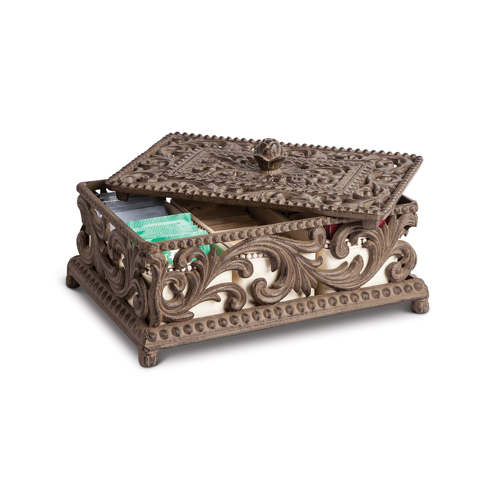 Cream Ceramic Sectioned and Acanthus Leaf Metal Tea Box Grey, Dark Brown