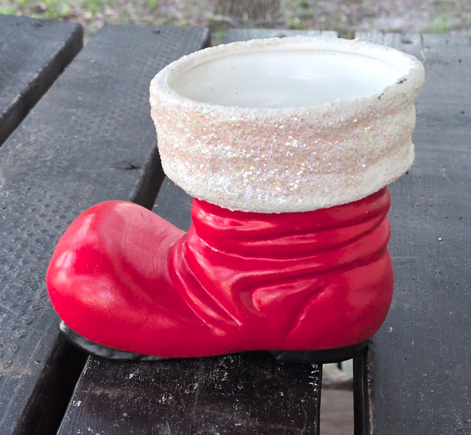 Ceramic Christmas Santa Boot Planter Red White Black Glossy Glitter Cuff
