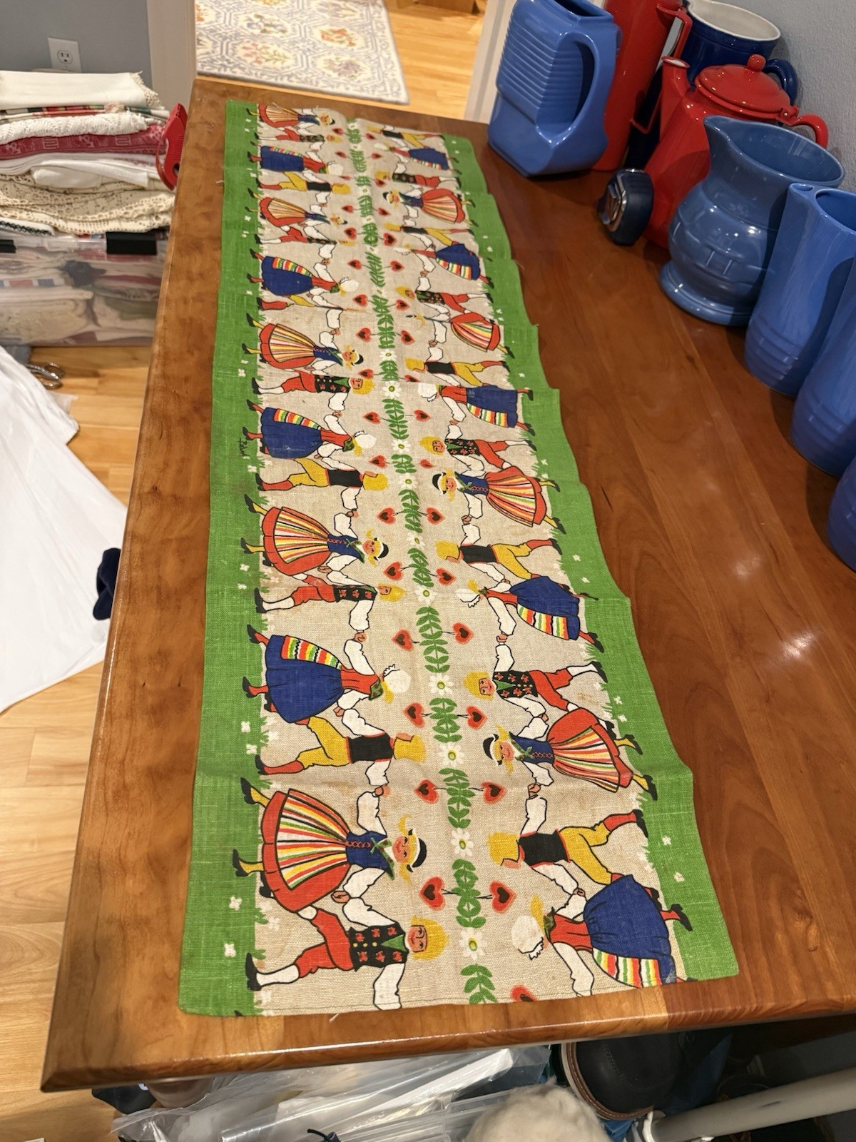 Scandinavian Swedish vintage linen table runner w/folk costumes colorful lovely Scandinavian Swedish vintage linen table runner w/folk costumes colorful lovely