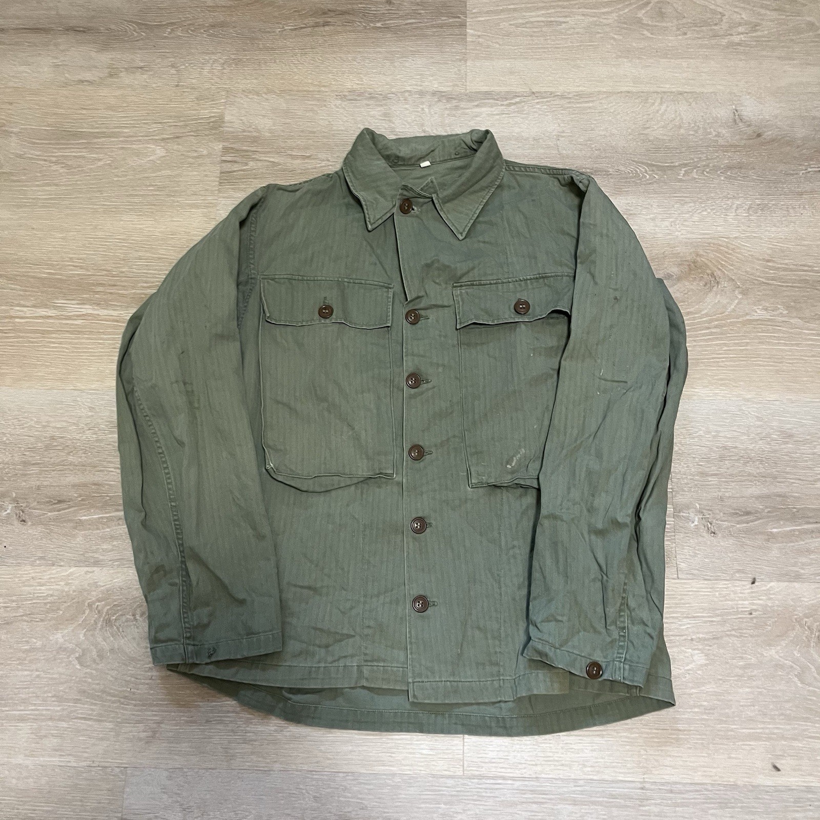 Vintage 40s US Army P43 HBT Jacket Shirt Fits Large Herringbone Twill WW2