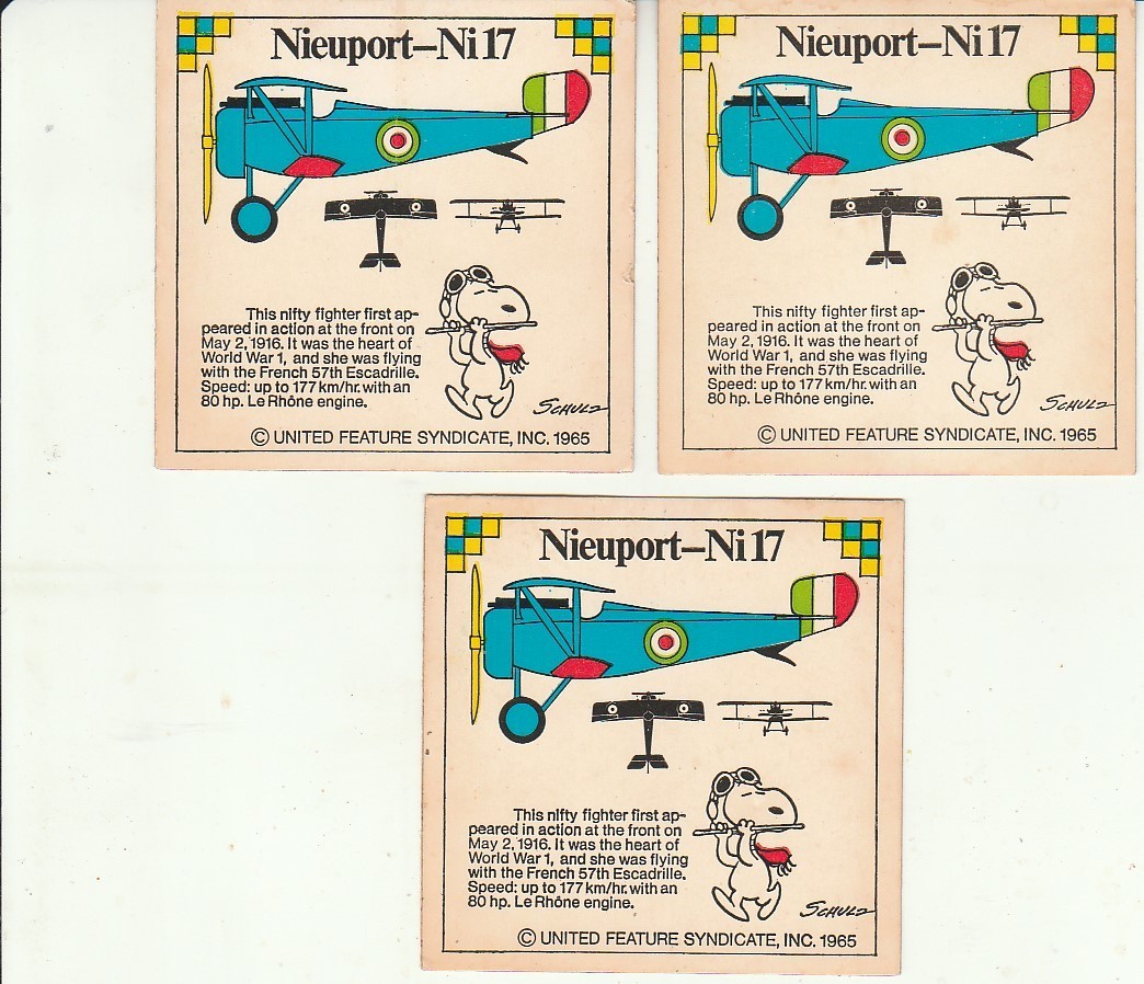 1965 vintage SNOOPY 3 Aircraft cards United Feature Syndicate sticker
