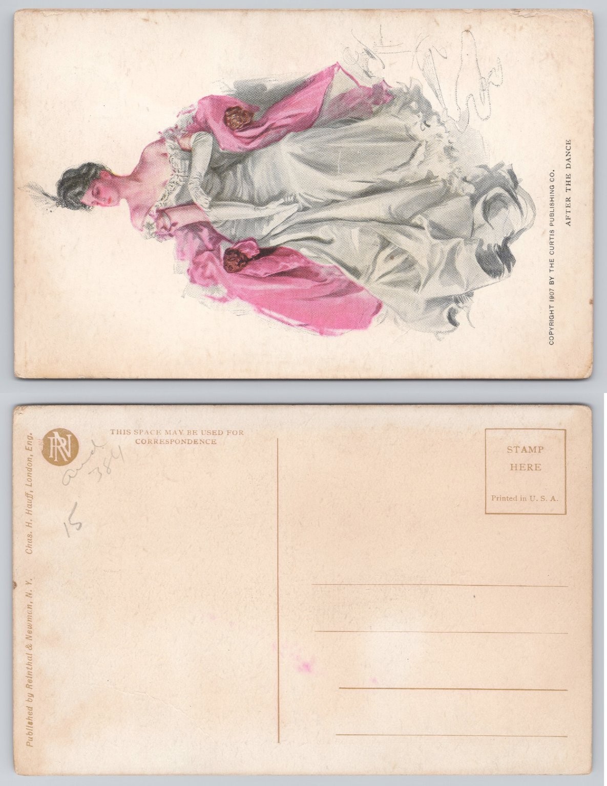 1907 AFTER THE DANCE Edwardian Woman Pink Gown Art Postcard R&N