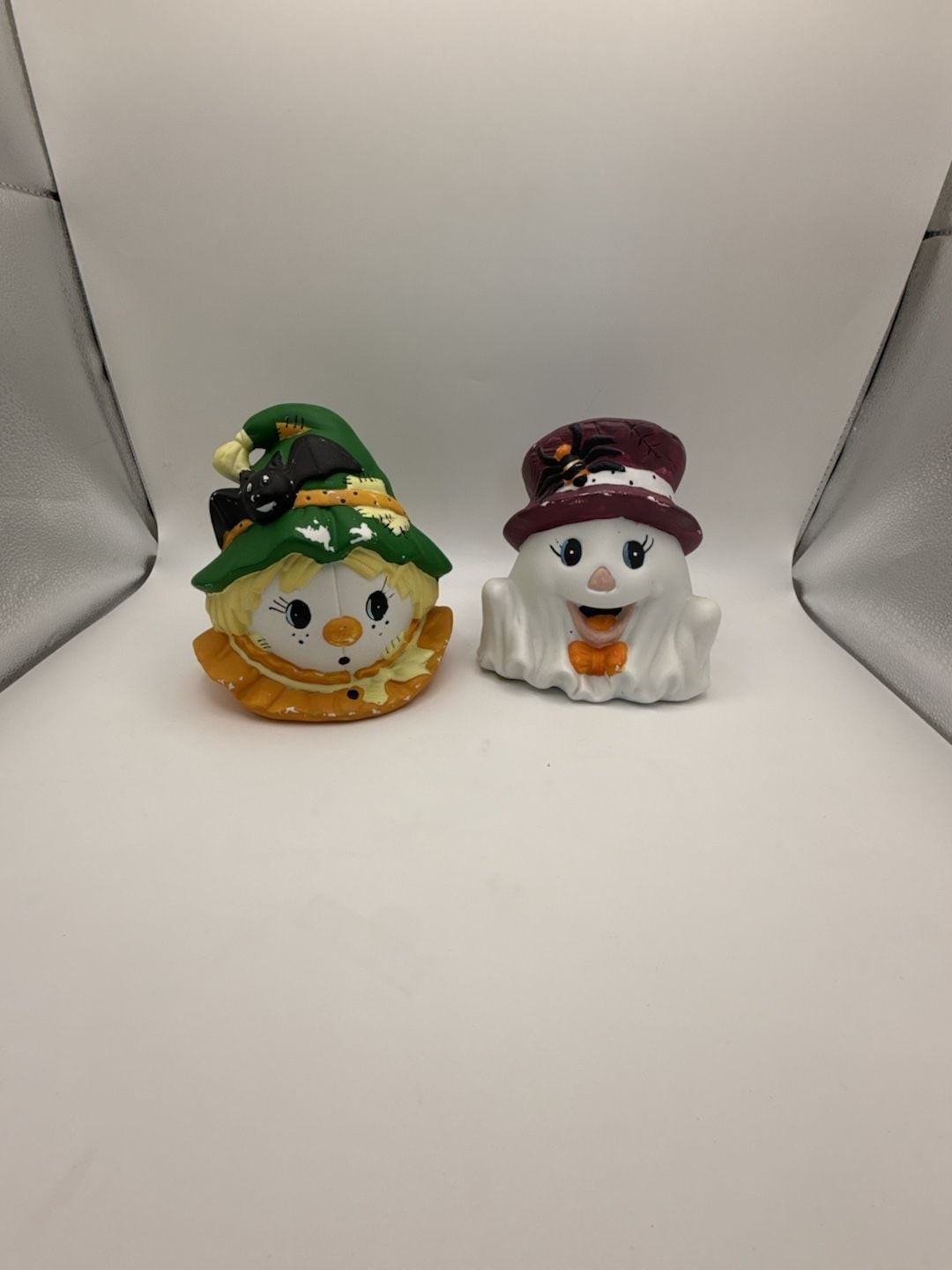 Vintage Ceramic Halloween Figurines Scarecrow and Ghost Decor Pair Vintage Ceramic Halloween Figurines Scarecrow and Ghost Decor Pair