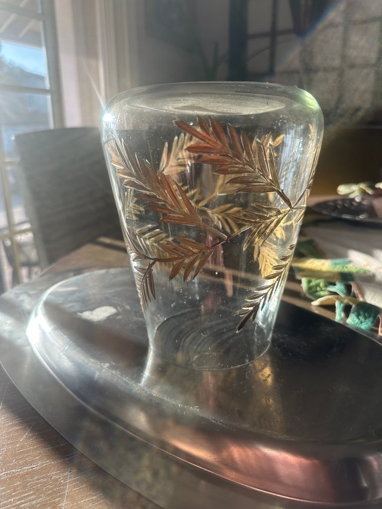 Vintage MCM Glass Vase with Gold Leaf Design Vintage MCM Glass Vase with Gold Leaf Design