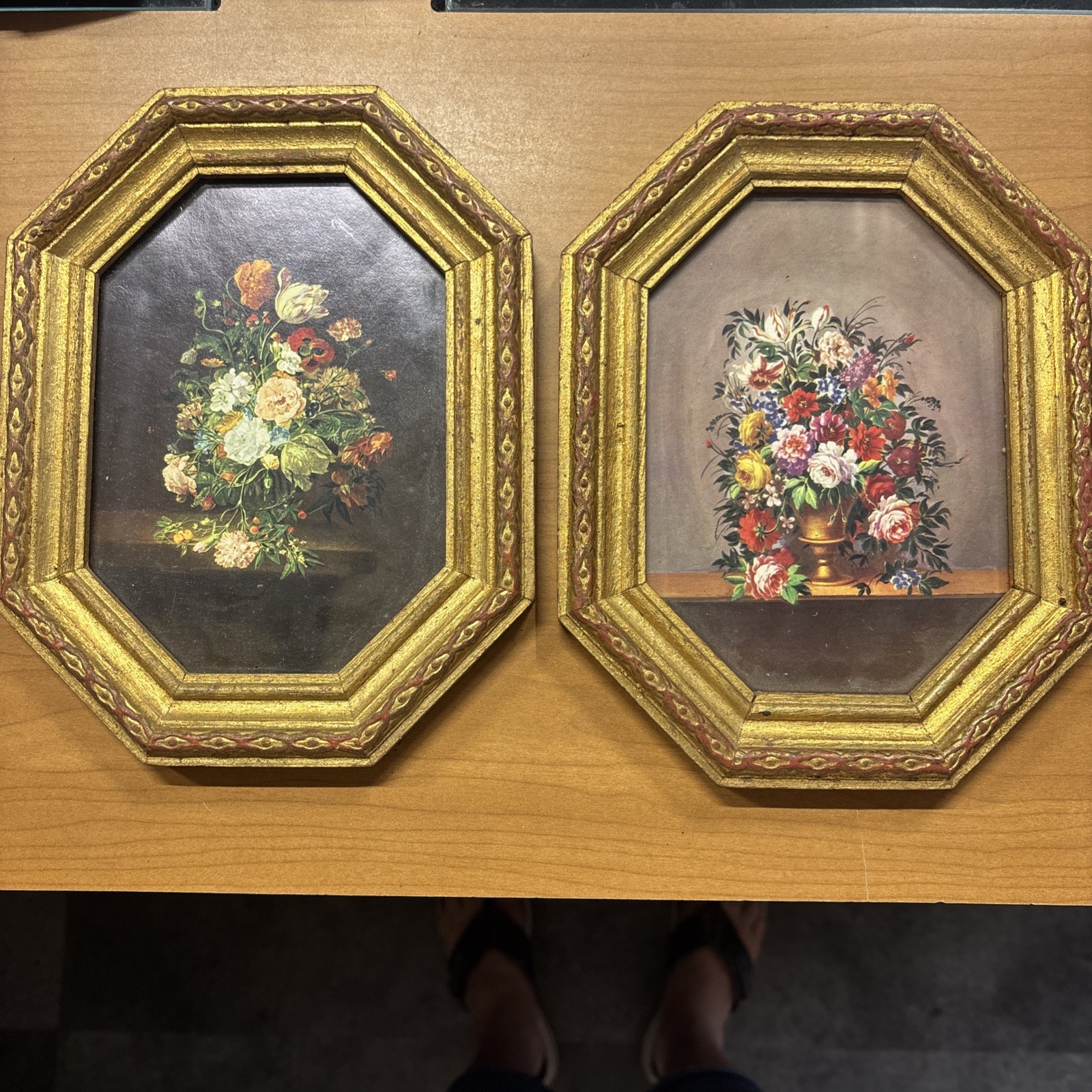 Vintage Italian Florentine Floral Prints Gold Gilt Octagon Frames Pair 9x7