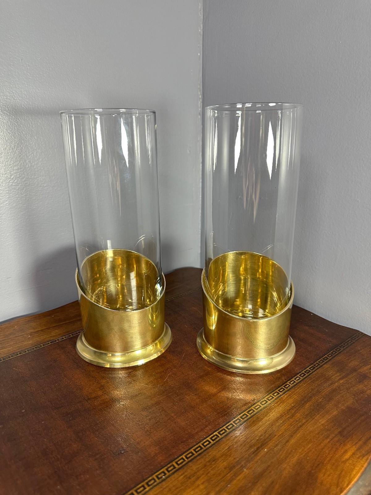 Vintage 1995 Ambrosia Brass&Glass Hurricane Candle Holders Pair - Made in India
