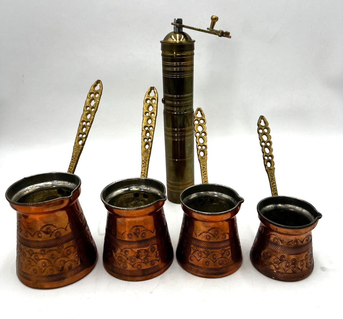 Vintage Turkish Copper Coffee Pots Set of 4 w/ Brass Hand Grinder Cezve Ibrik