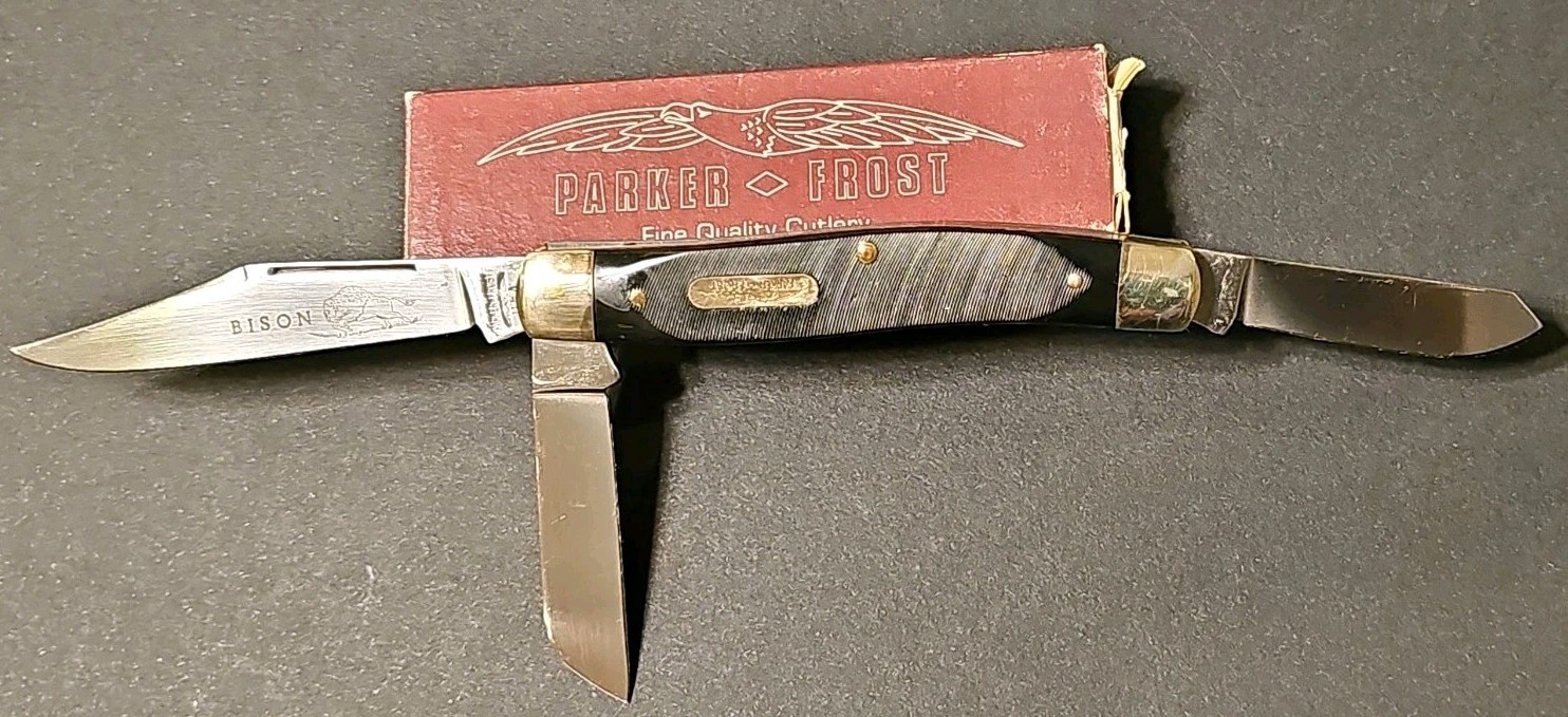 Vintage Parker-Frost USA 1978-9 Bison Etch w/ Box Stockman Pocket Knife Vintage Parker-Frost USA 1978-9 Bison Etch w/ Box Stockman Pocket Knife