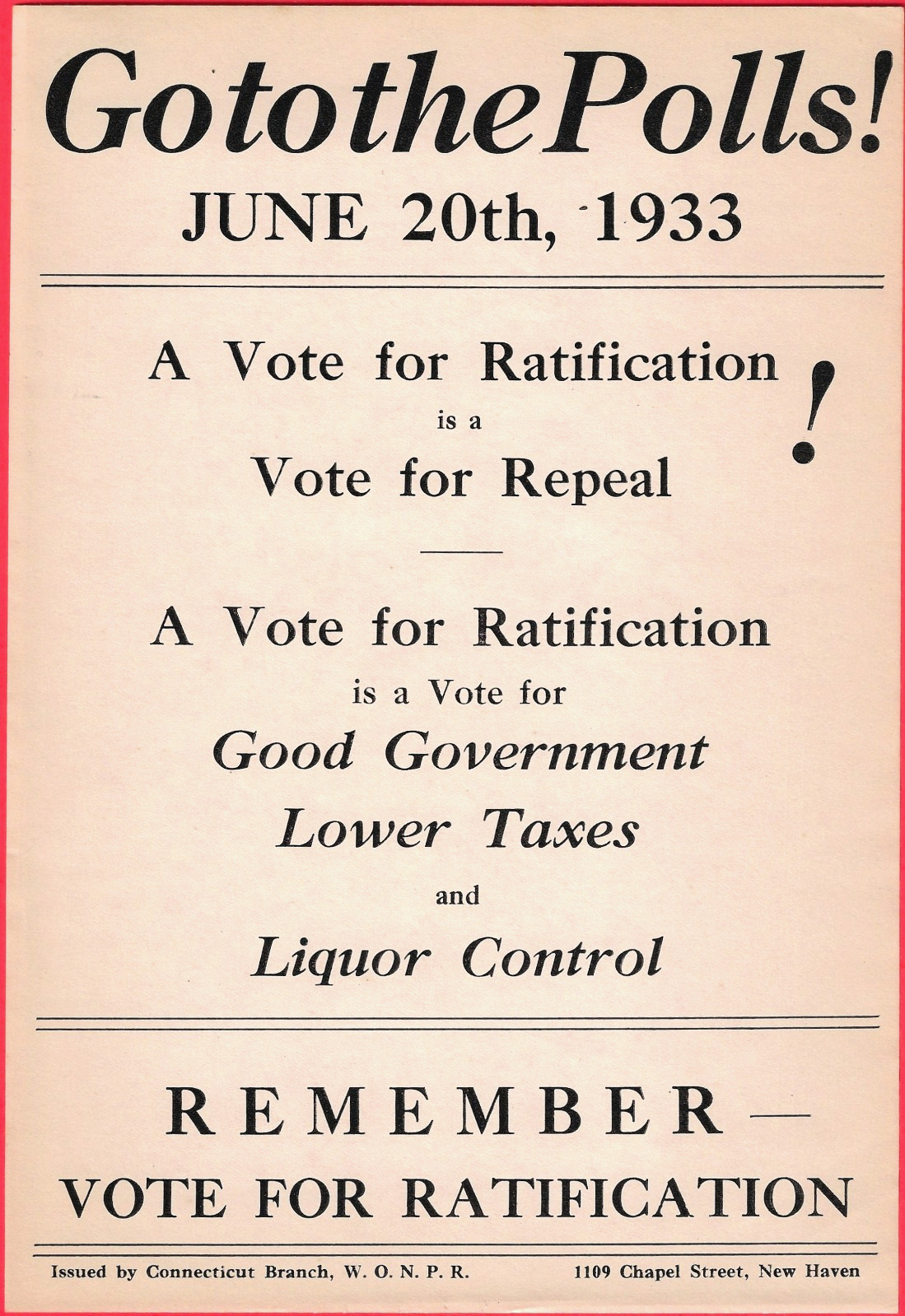 Rare 1933 Anti-Prohibition Broadside Flyer WONPR Women's Reform Connecticut
