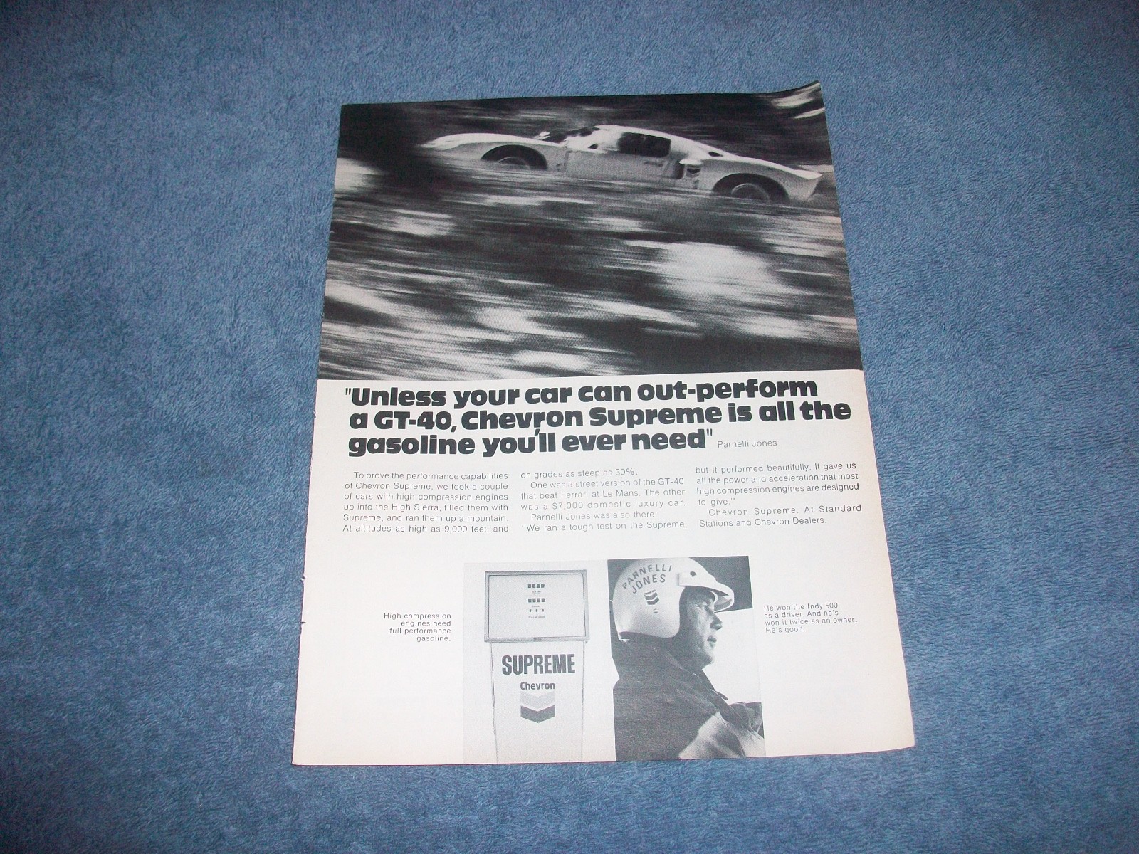 1971 Chevron Supreme Vintage Gasoline Fuel Ad Ford GT-40 Parnelli Jones