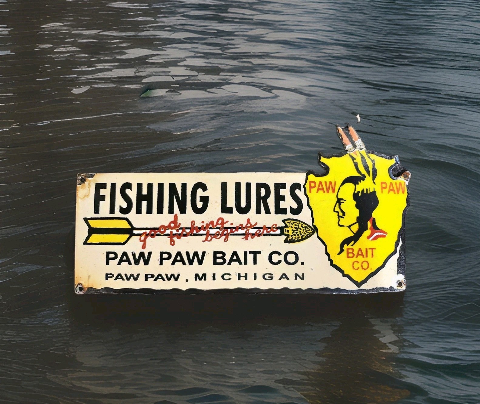 Vintage Paw Paw Bait Porcelain Sign Fishing Lures Bass Michigan USA 11 1/2 Vintage Paw Paw Bait Porcelain Sign Fishing Lures Bass Michigan USA 11 1/2