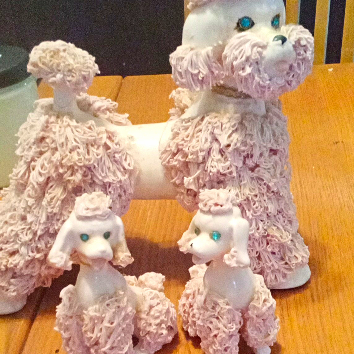 Poodle Ceramic Figurines 3-Piece Lot Pink Curly Fur, Blue Eyes, Spaghetti Trim
