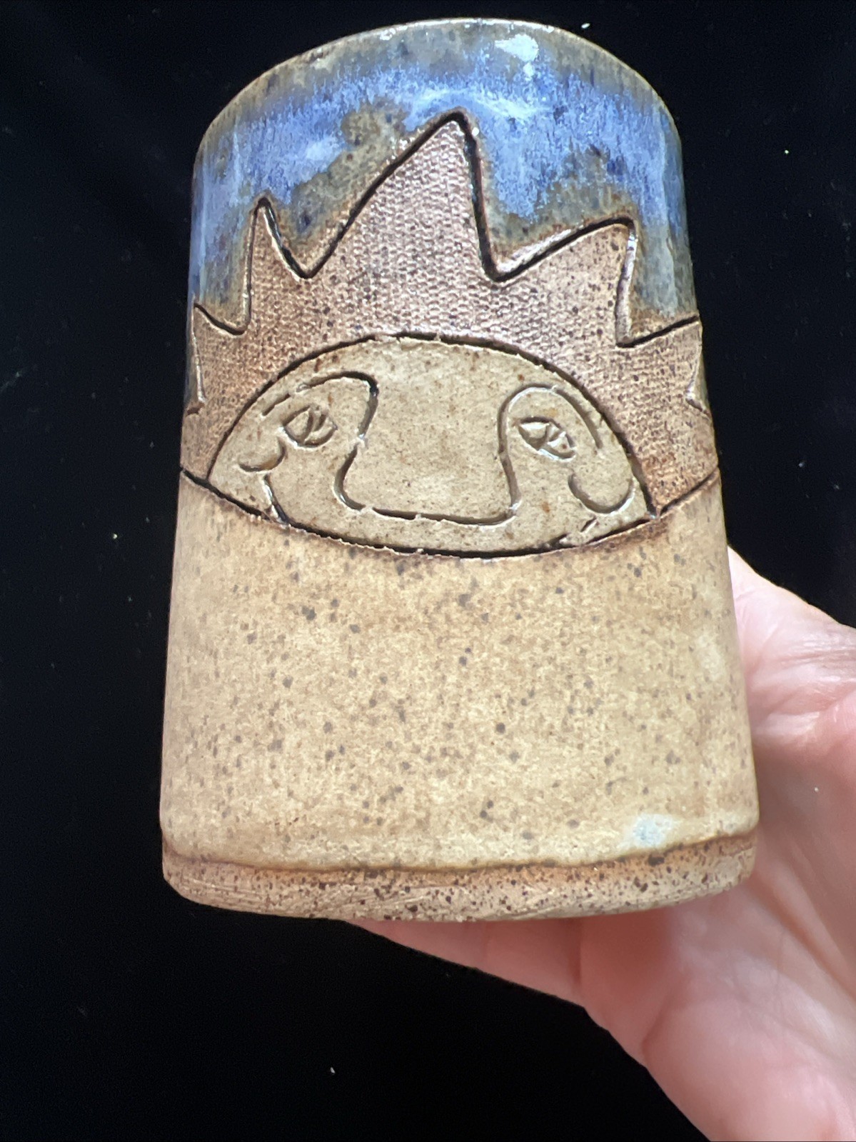 Hand Thrown Signed  Unique Handle Jane Dalton Vintage Pottery Mug with Sun