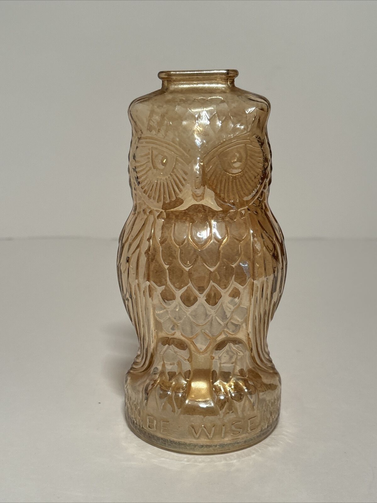 Vintage Carnival Glass Marigold Iridescent Owl Bank “Be Wise”