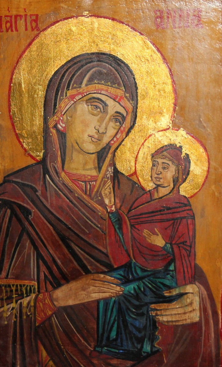 Hand Painted Tempera Wood Orthodox Icon Christ Child Virgin Mary