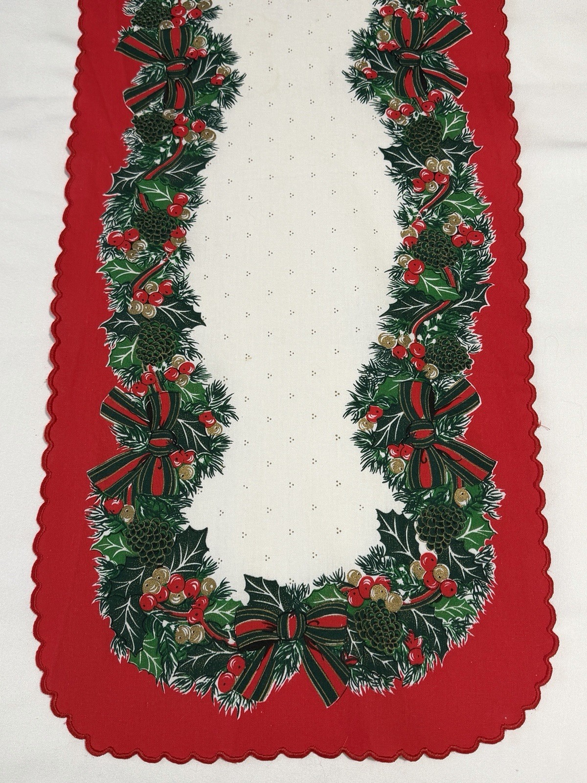 Vintage Sunweave Christmas Holiday Table Runner Holly Berries 14”x66” Red Border