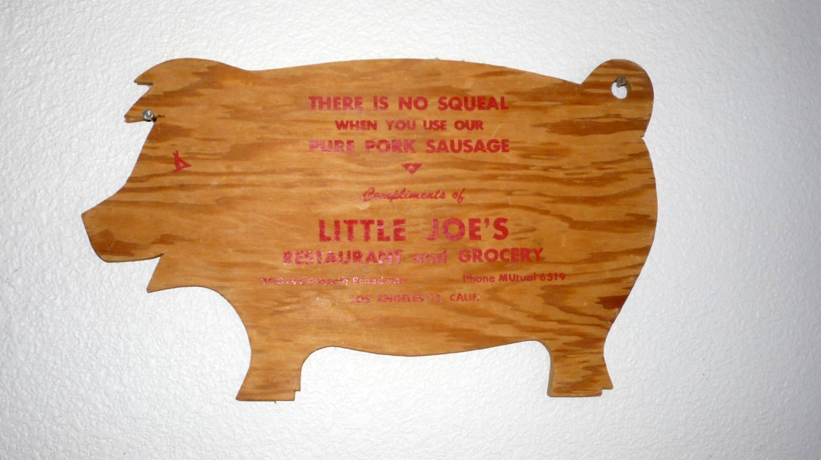 Vintage 1940's Little Joe's Restaurant Los Angeles Wood Pig Advertisement Board Vintage 1940's Little Joe's Restaurant Los Angeles Wood Pig Advertisement Board