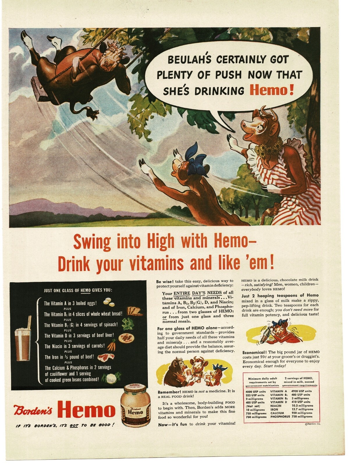 1944 Borden\'s Hemo Chocolate Drink Elsie The Cow Vintage Print Ad