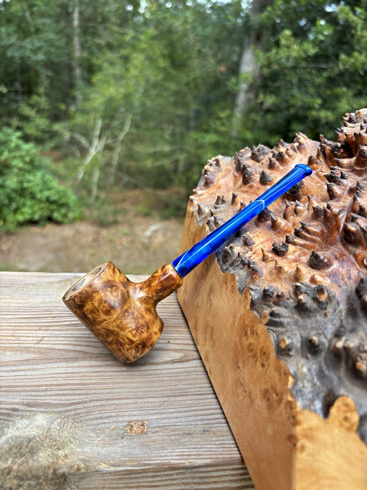 Olive wood chamber Poker pipe with Amboyna burl wood veneer and royal blue stem Olive wood chamber Poker pipe with Amboyna burl wood veneer and royal blue stem
