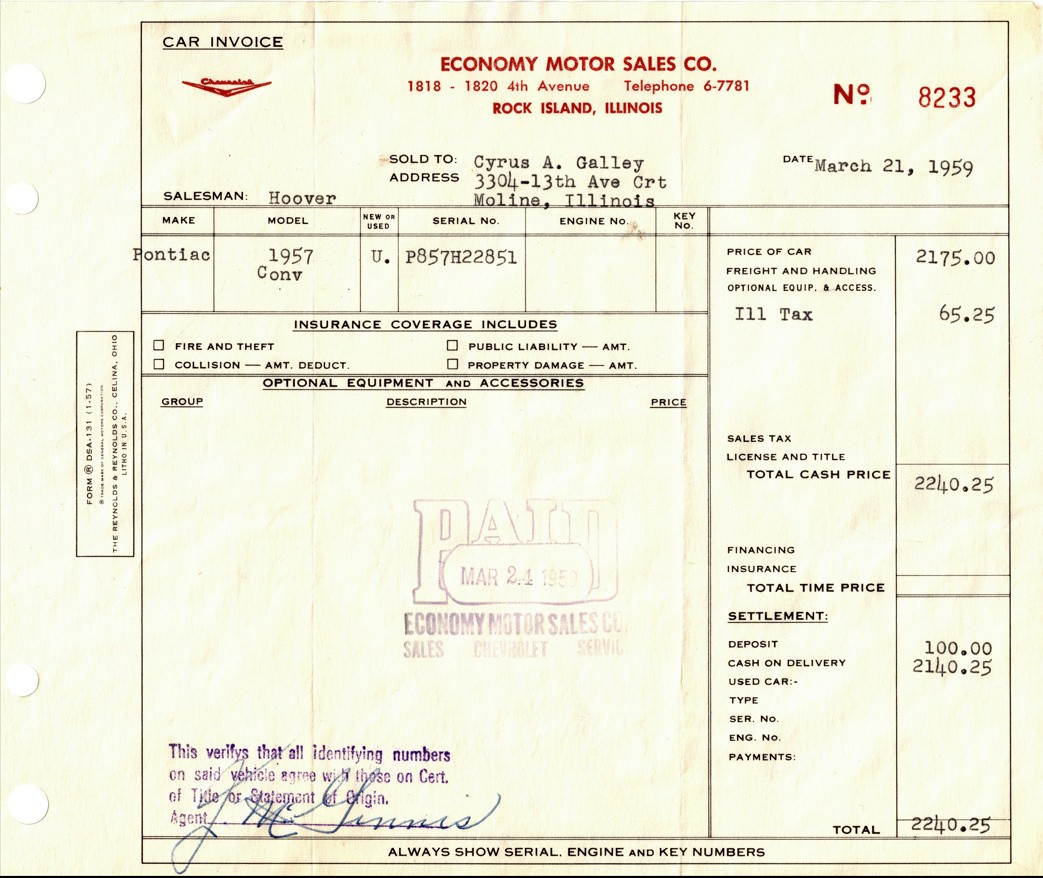 Original 1959 Car Bill of Sale Receipt & Envelope 1957 Pontiac Convertible IL