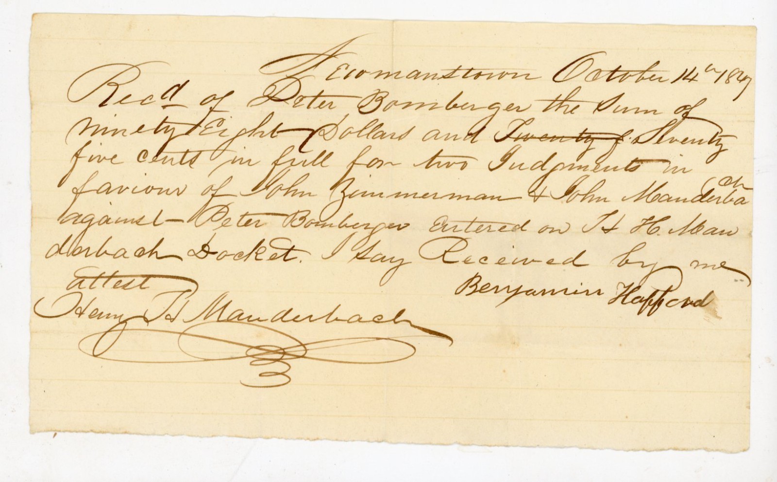 1849 Handwritten Judgment signed Henry Manderbach Benjamin Hafford Germantown PA