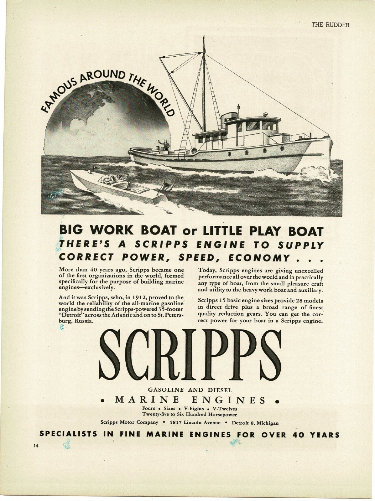 1946 SCRIPPS Marine engine For big or little boats art Vintage Print Ad