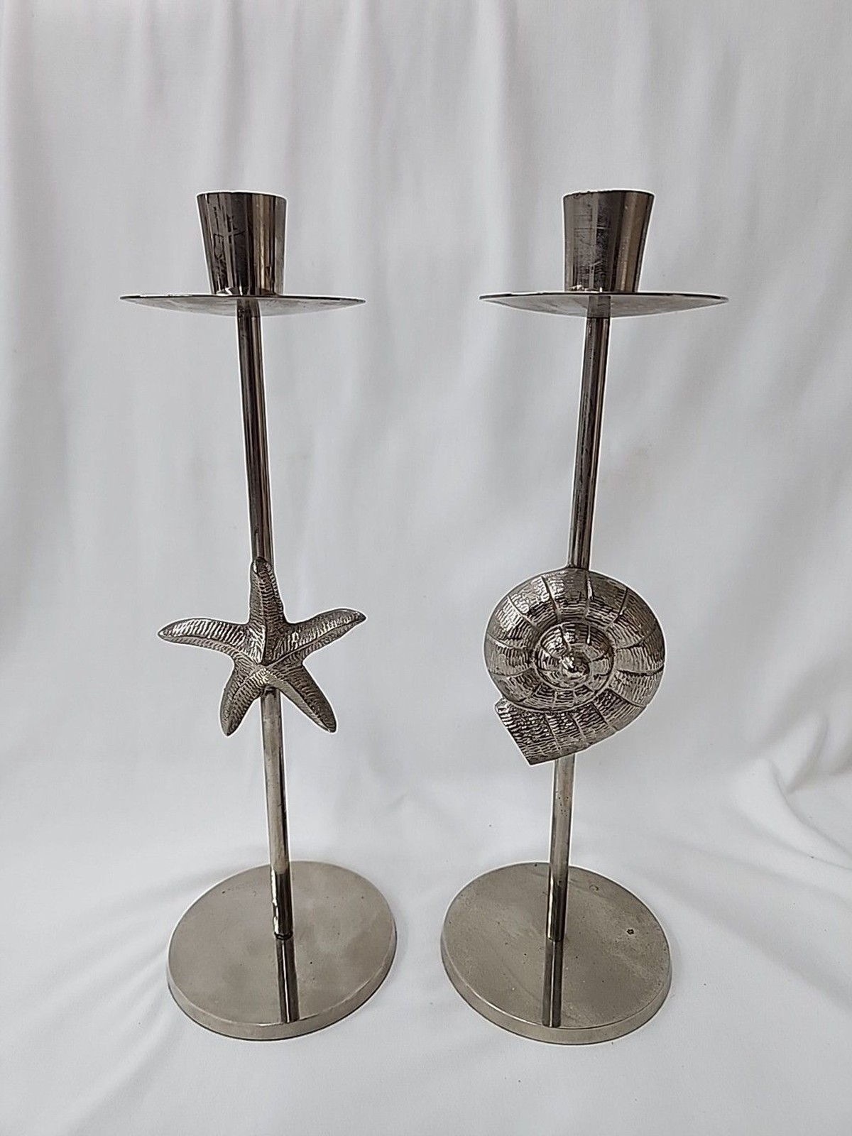 Zodax Candle Holders Set Of 2 Silver Toned Starfish And Nautilus Shell Good Pre-