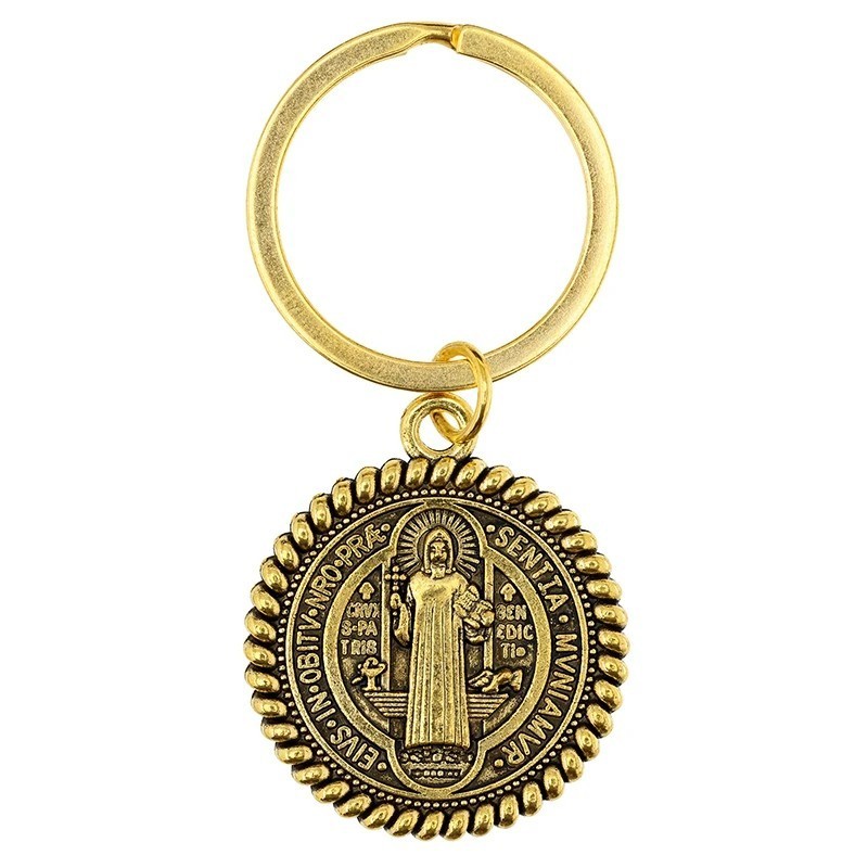 St Benedict Medal Rope Border Antique Gold Key Chain Catholic Devotional