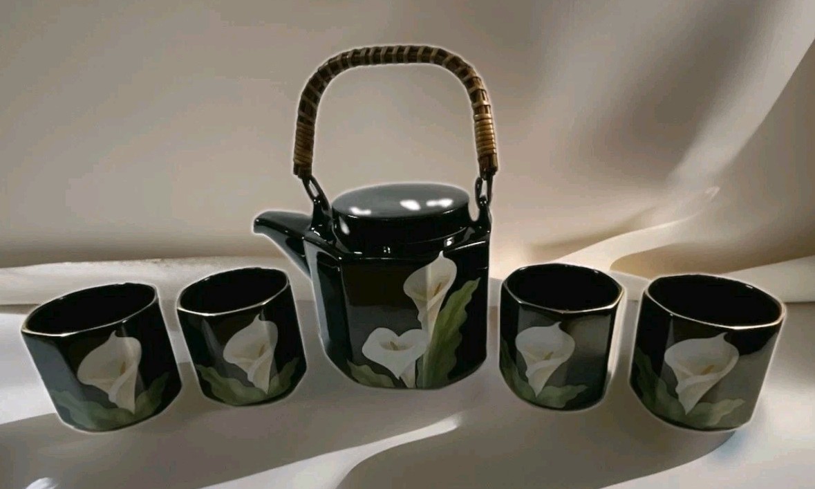 Rare 5 Pc. Tea Set Otagiri Japan White Calla Lily Hand Painted Vintage Rare 5 Pc. Tea Set Otagiri Japan White Calla Lily Hand Painted Vintage