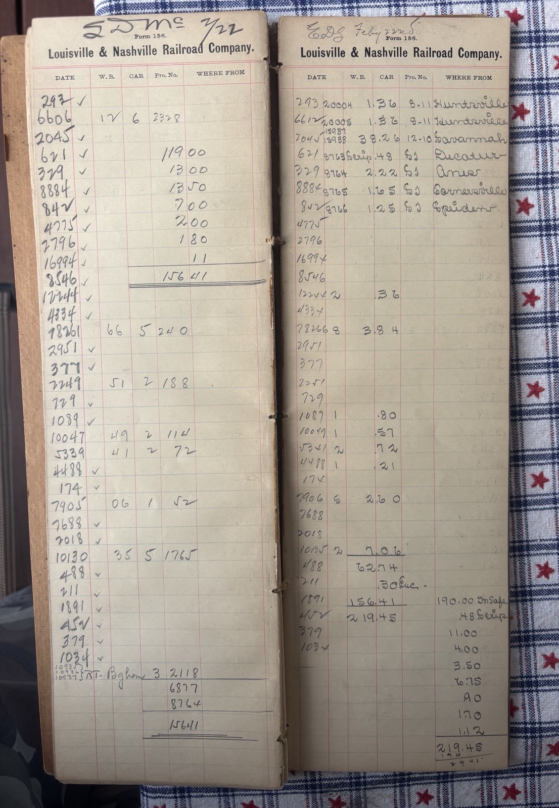 1922 Louisville & Nashville Railroad (L&N) Form 156 freight/waybill record book