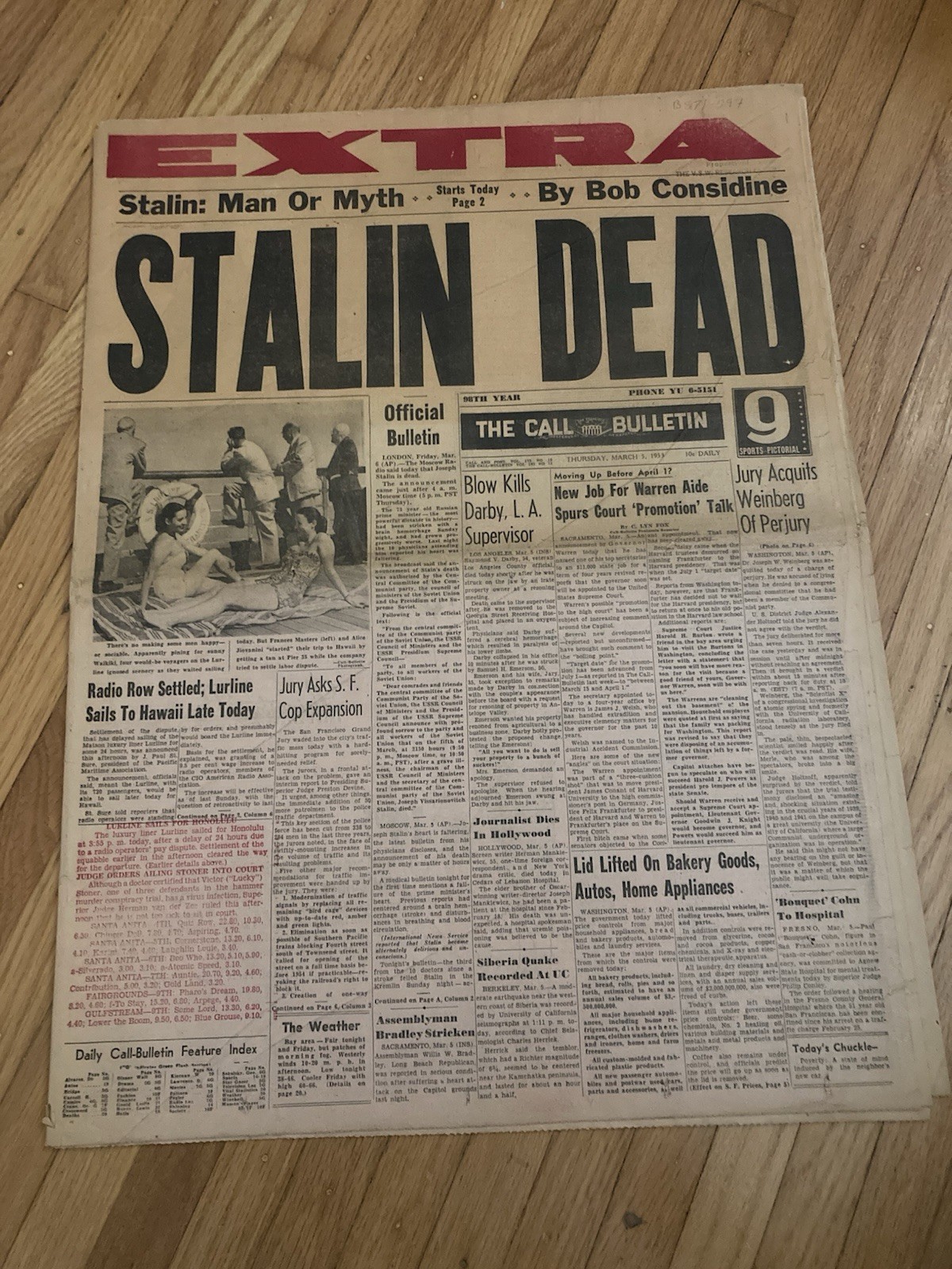 STALIN IS DEAD MARCH 5 1953 NEWSPAPER The Call Bulletin