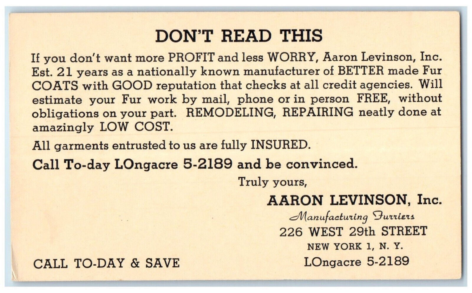 c1950\'s Fur Coat Manufacturer Remodeling Aaron Levinson Inc NY Postal Card c1950\'s Fur Coat Manufacturer Remodeling Aaron Levinson Inc NY Postal Card
