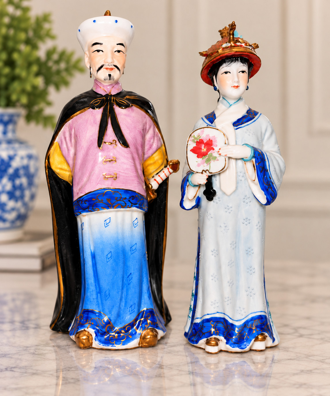 Chinese Porcelain Figurines Man Woman Couple Chinoiserie Asian Decor Gold Pair Chinese Porcelain Figurines Man Woman Couple Chinoiserie Asian Decor Gold Pair