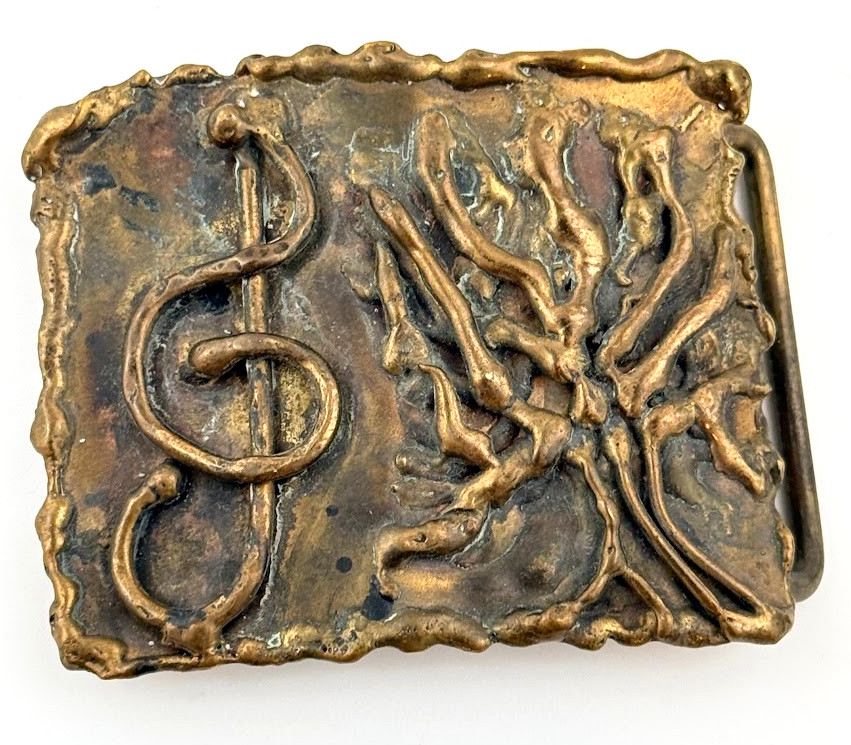 Vintage Abstract Brutalist Hippie Brass Belt Buckle Musical Note Tree of Life