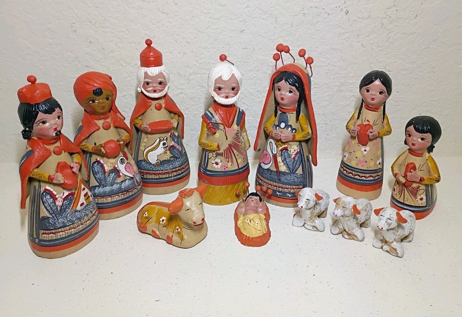 Vintage 12 Pc Hand Painted Folk Art Nativity Set Southwest Style READ