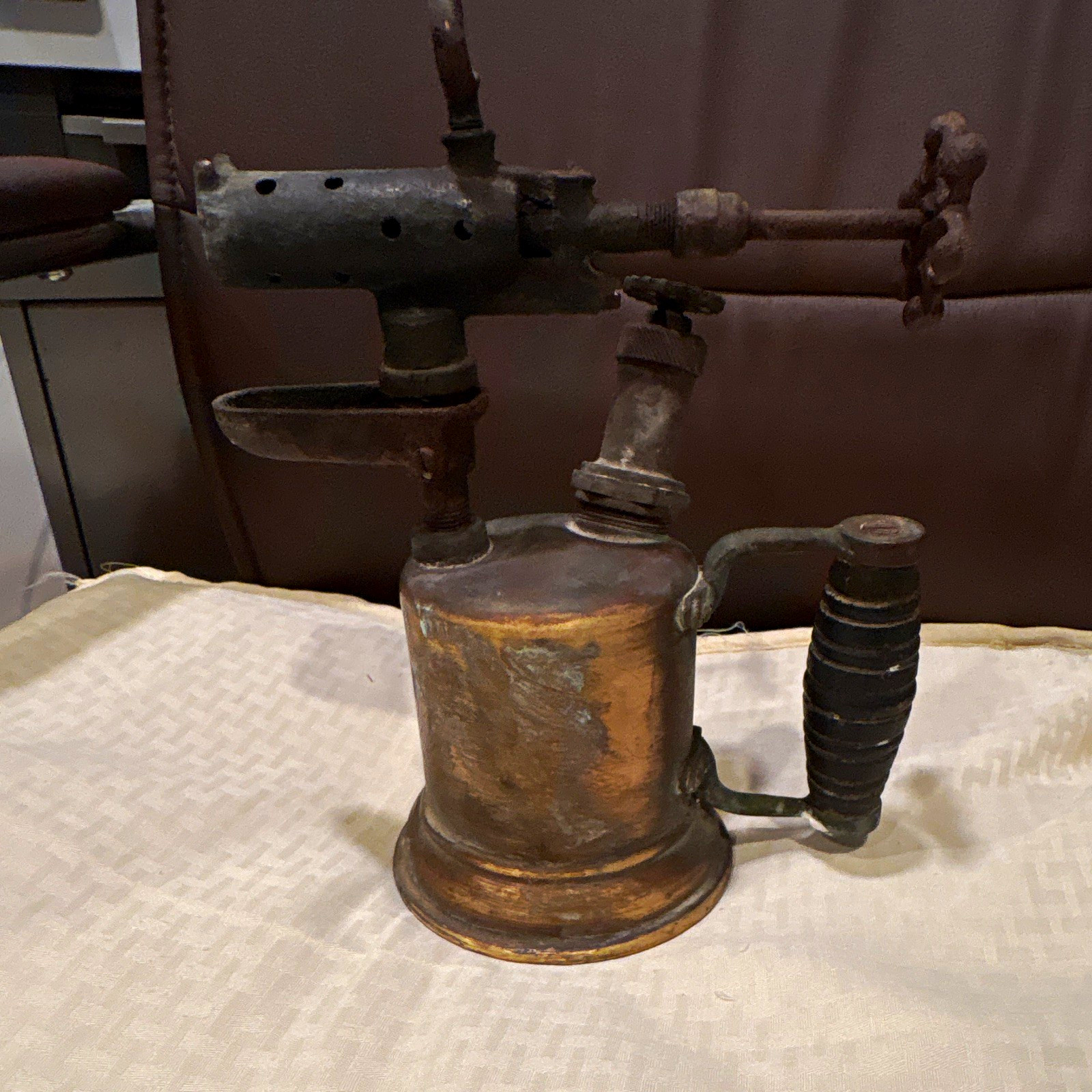 Vintage Brass Blowtorch Soldering Torch Tool with Wooden Handle