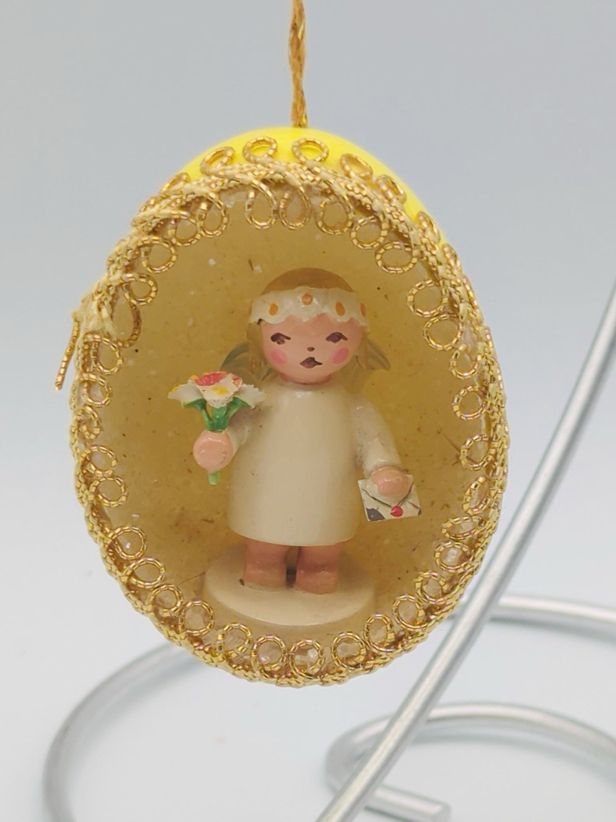 Vintage Real Egg Diorama Goodwill Angel With Bouquet And Letter Handmade