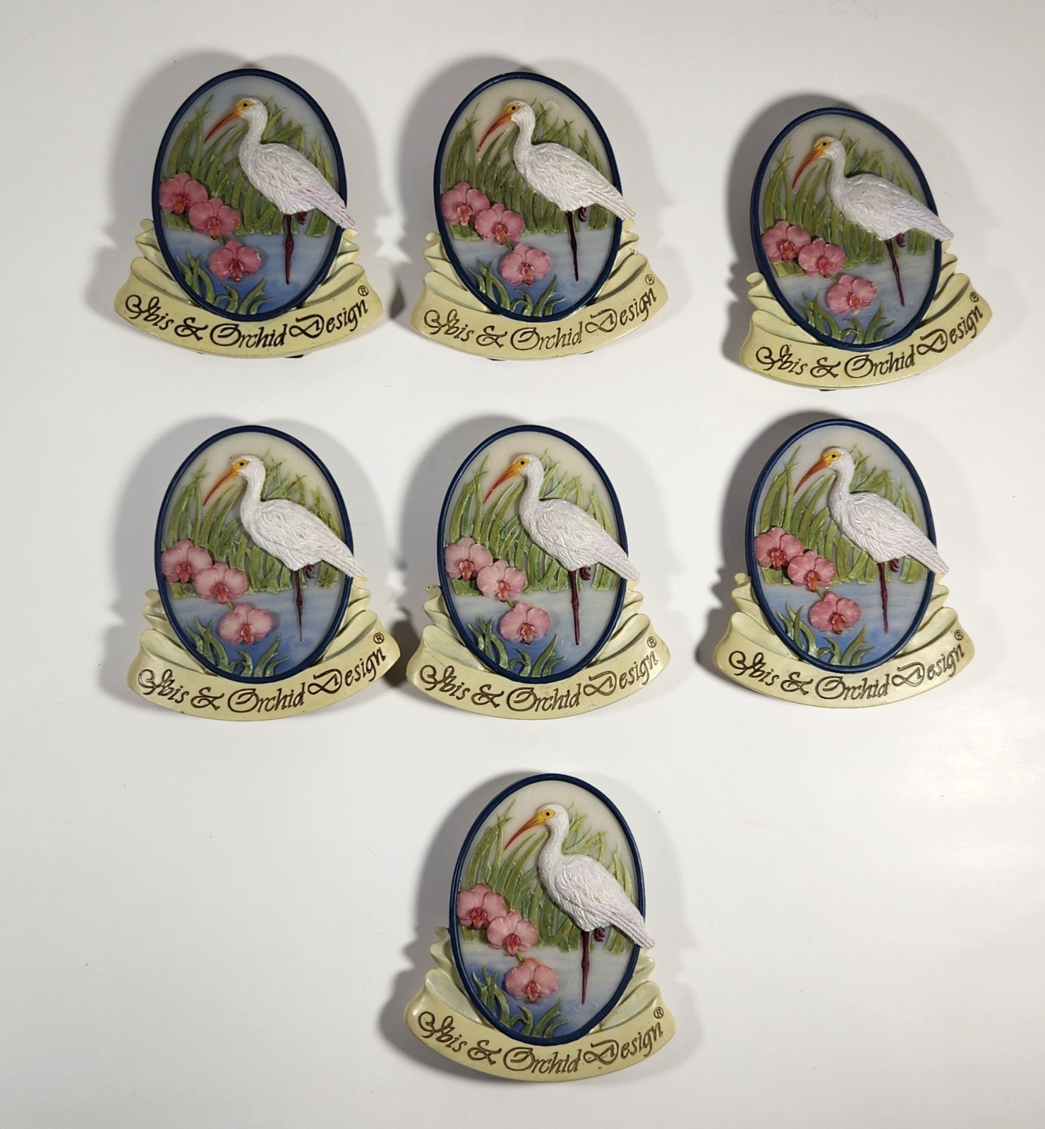 LOT OF 7 IBIS AND ORCHID DESIGN CRANE WALL PLAQUE AND DISPLAY COLLECTIBLE 