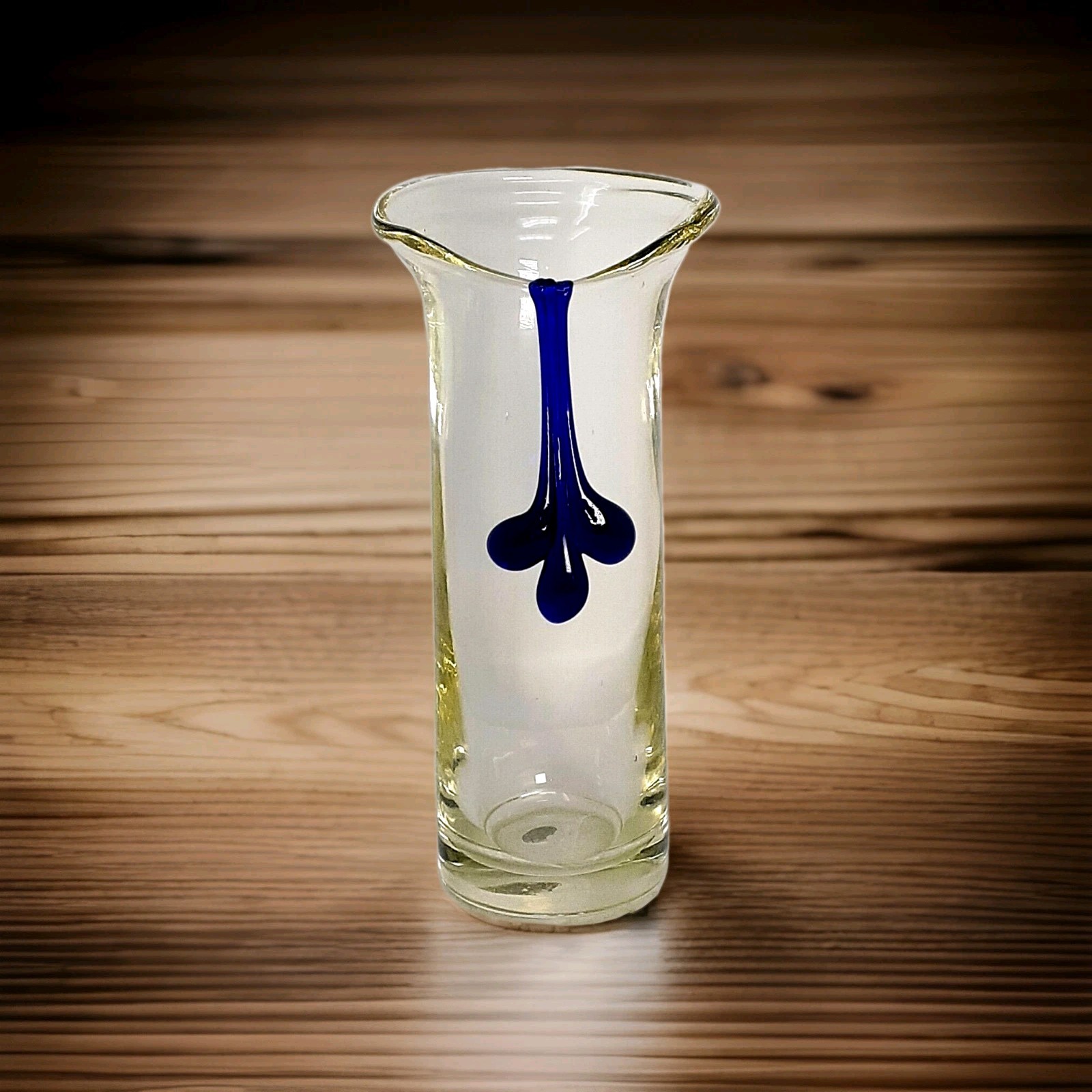 Art Glass Clear Vase with  Cobalt Blue Applied Glass Drip Design 9.5\