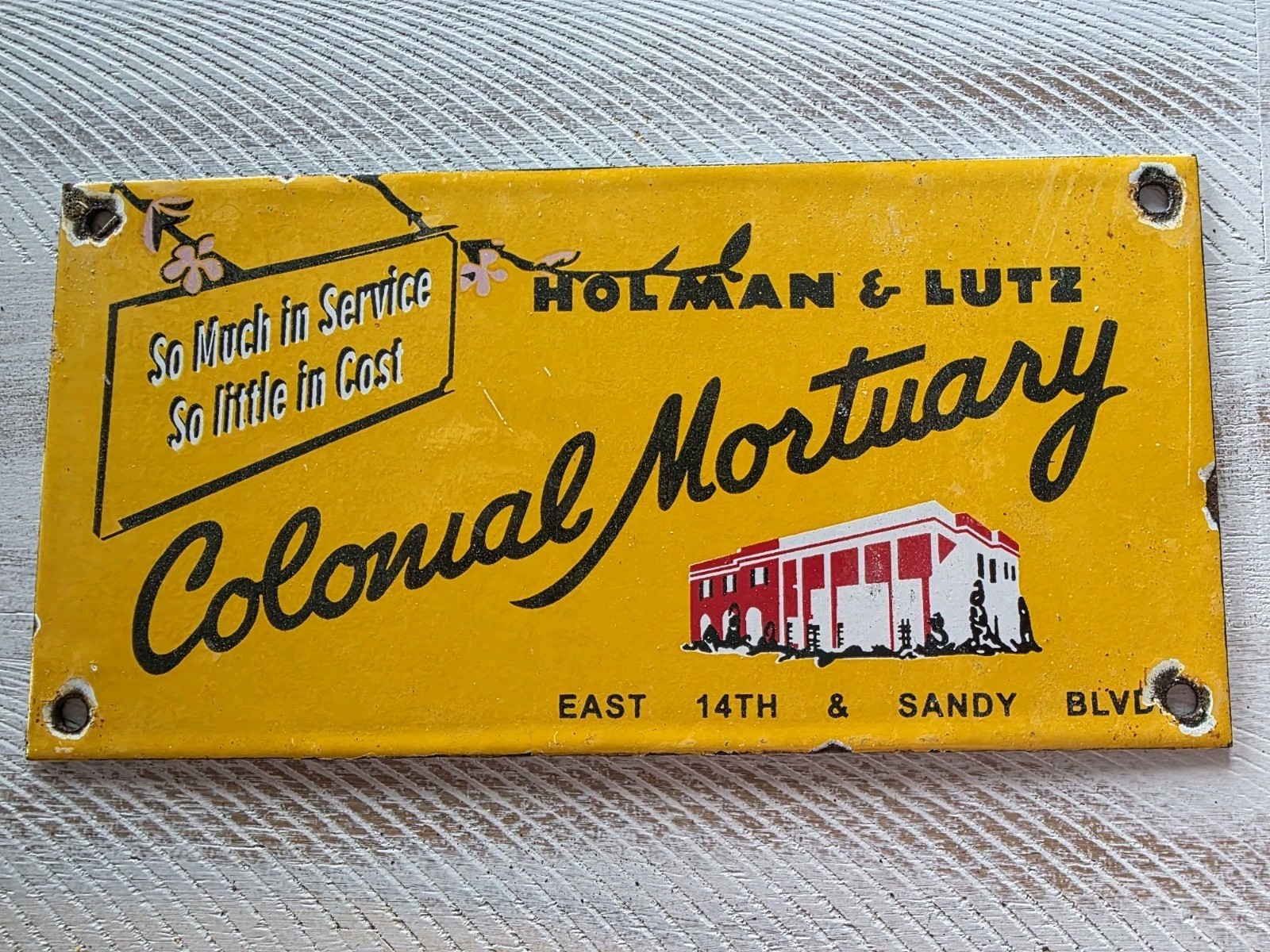 VINTAGE HOLMAN AND LUTZ COLONIAL MORTUARY PORCELAIN SIGN 10\