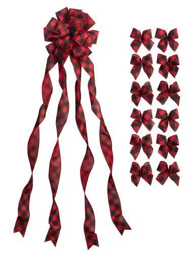Christmas Tree Topper Bow & 12 Mini Bows Red & Black Buffalo Check Plaid Ribbon