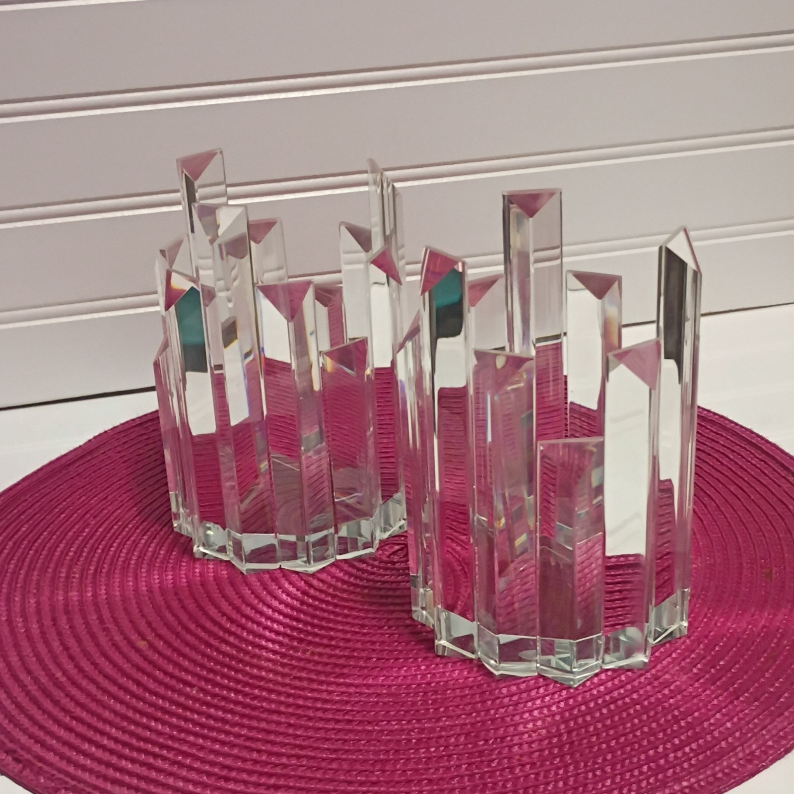 PAIR Vintage Art Deco Style Crystal Candle Holder - Geometric Skyline Spire 6”