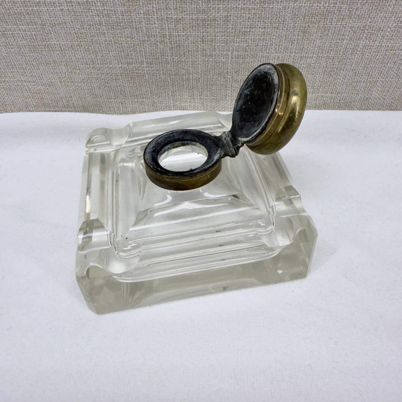 Antique Heavy Clear Glass Inkwell Square Tiered Base Hinged Brass Lid 4.5 inch