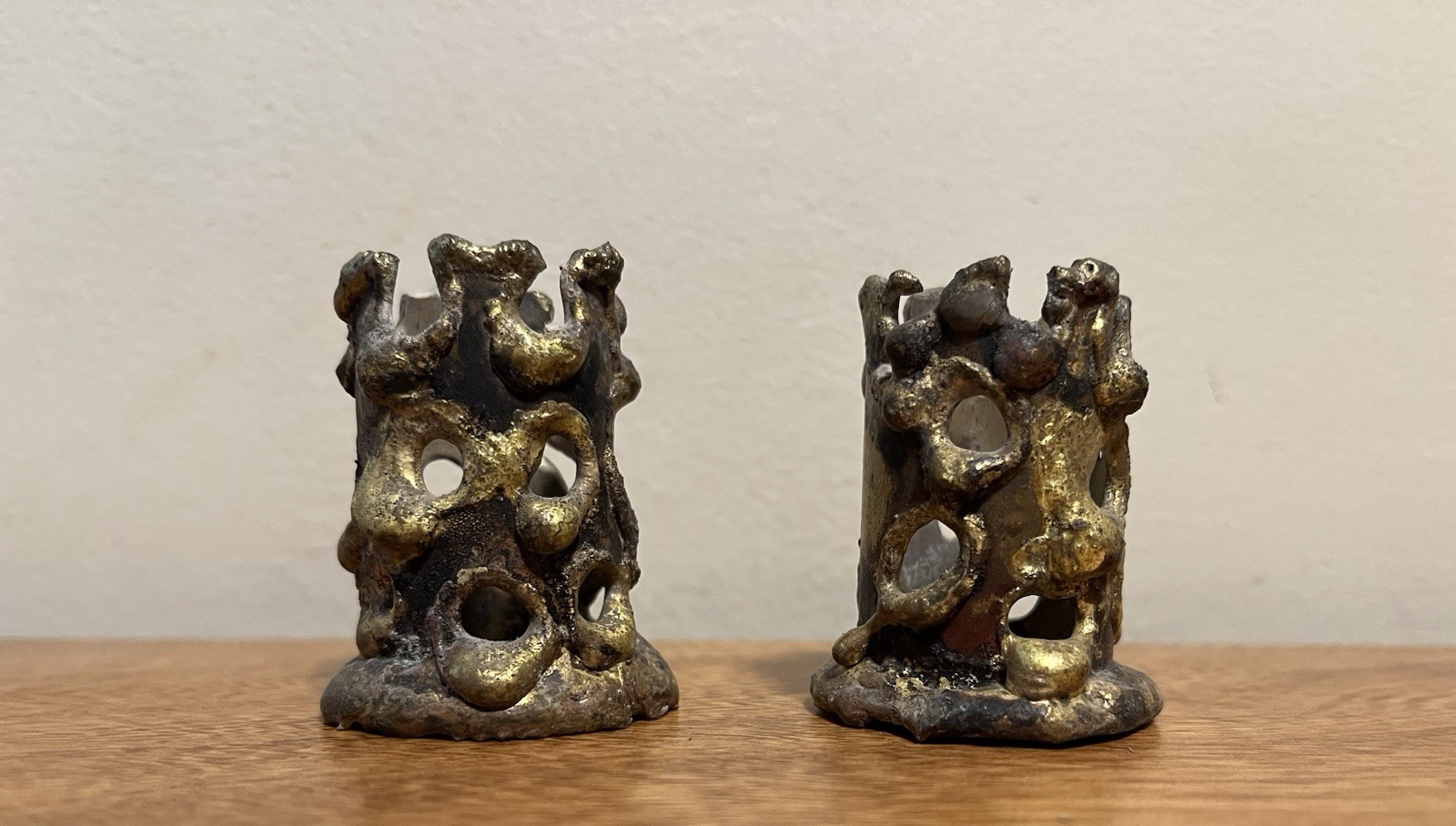 Vintage MCM Brutalist Design Metal Candle Holders Set Of 2 Signed Vintage MCM Brutalist Design Metal Candle Holders Set Of 2 Signed